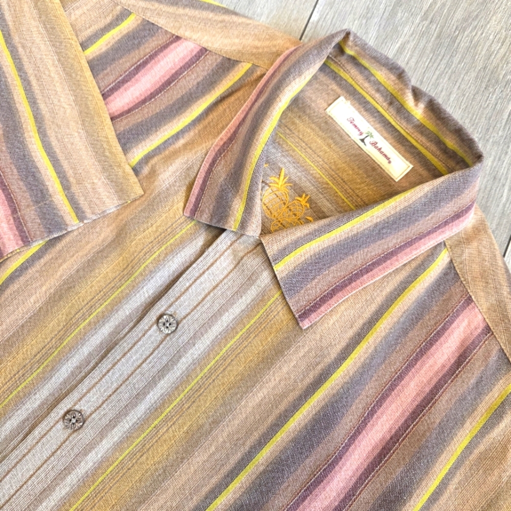 Tommy Bahama Silk Brown Stripe Button Short Sleeve Shirt Men's L Pineapple